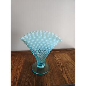 Vintage Pre Logo Fenton Blue Opalescent Fan Hobnail Vase 8"T